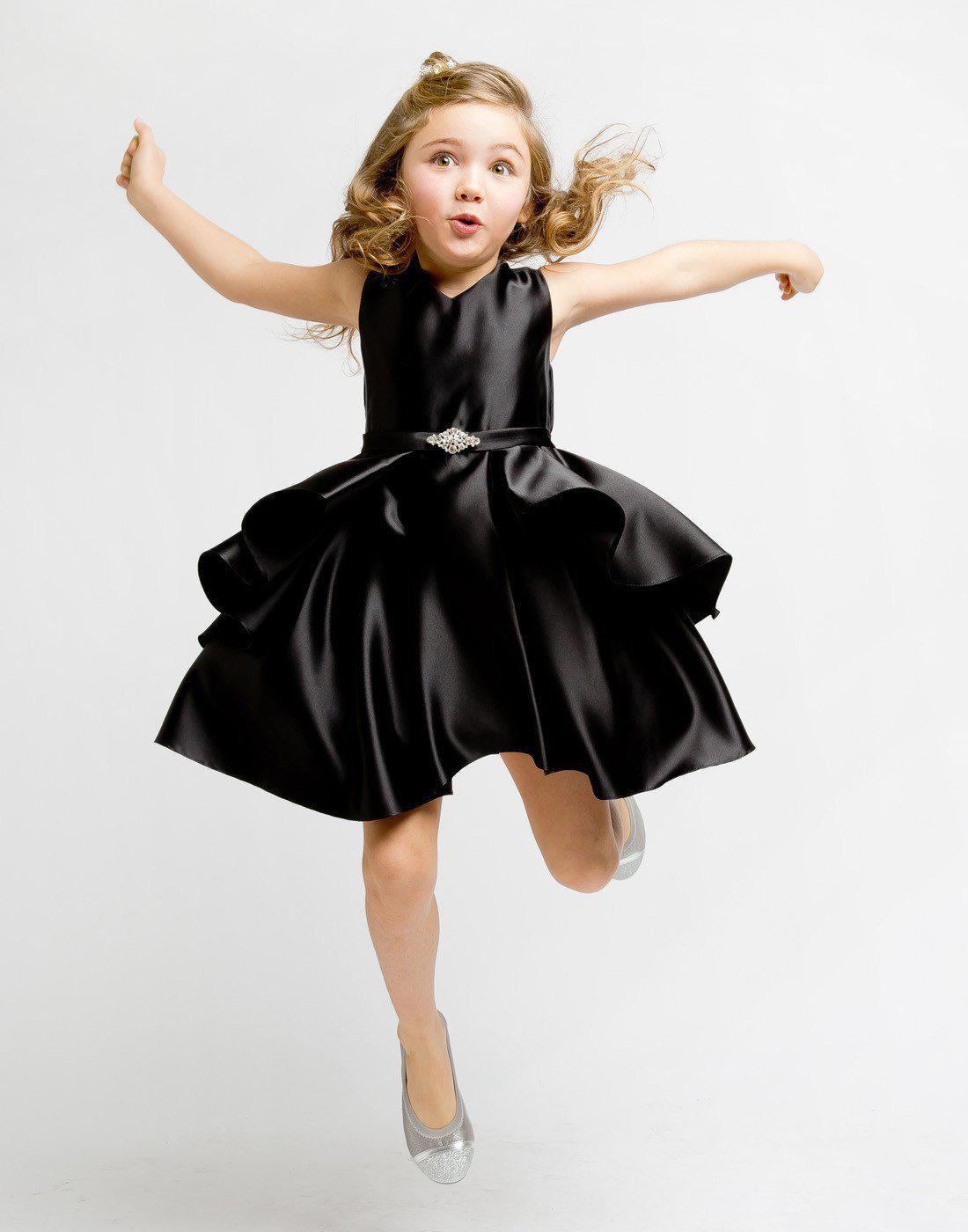 Buy Flower Girl Dress Satin Layered Dress with a Rhinestone BroochBlack