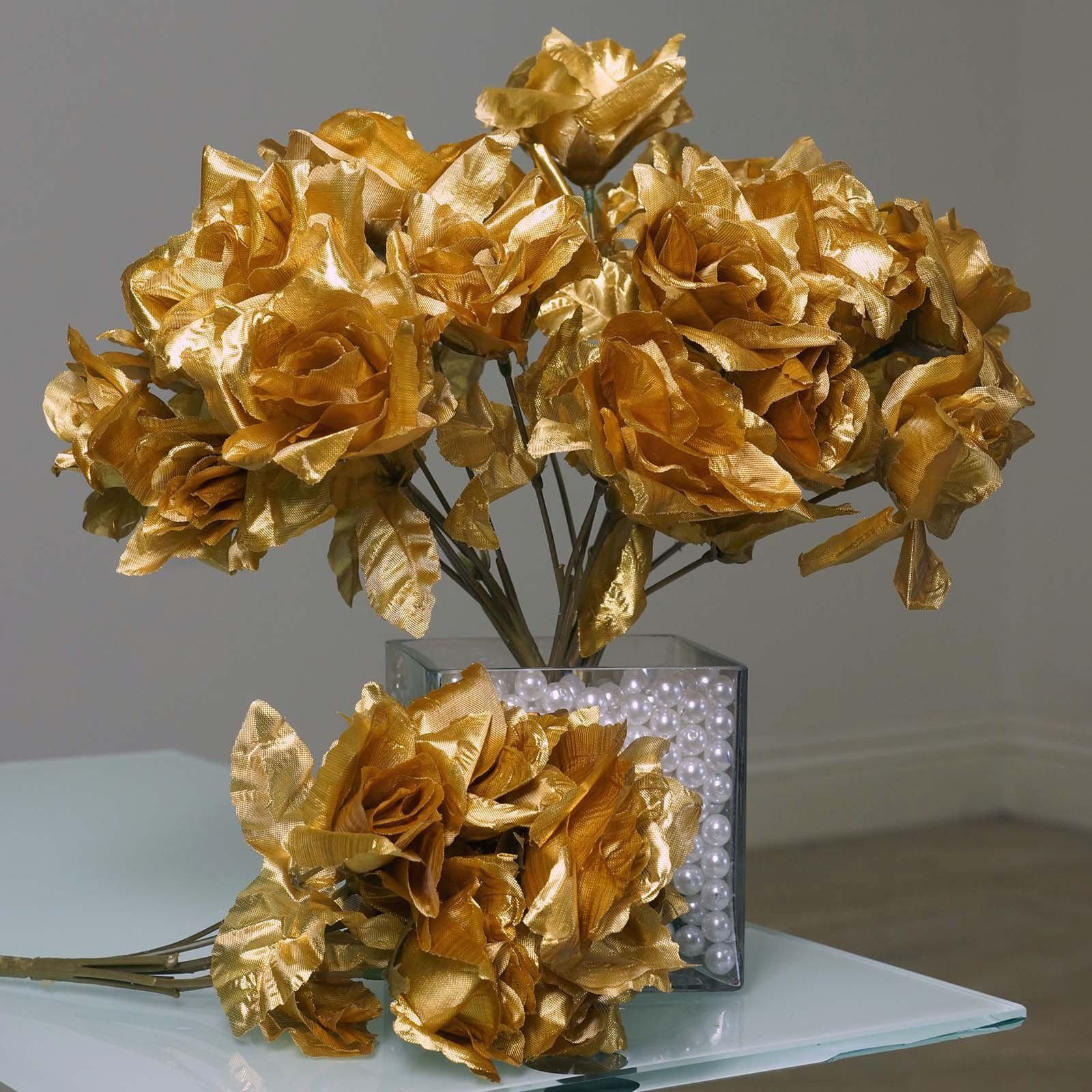 Buy 12 Bushes 84 pcs Gold Silk Artificial Roses Wholesale Flowers With  Green Leaves at Tablecloth Factory